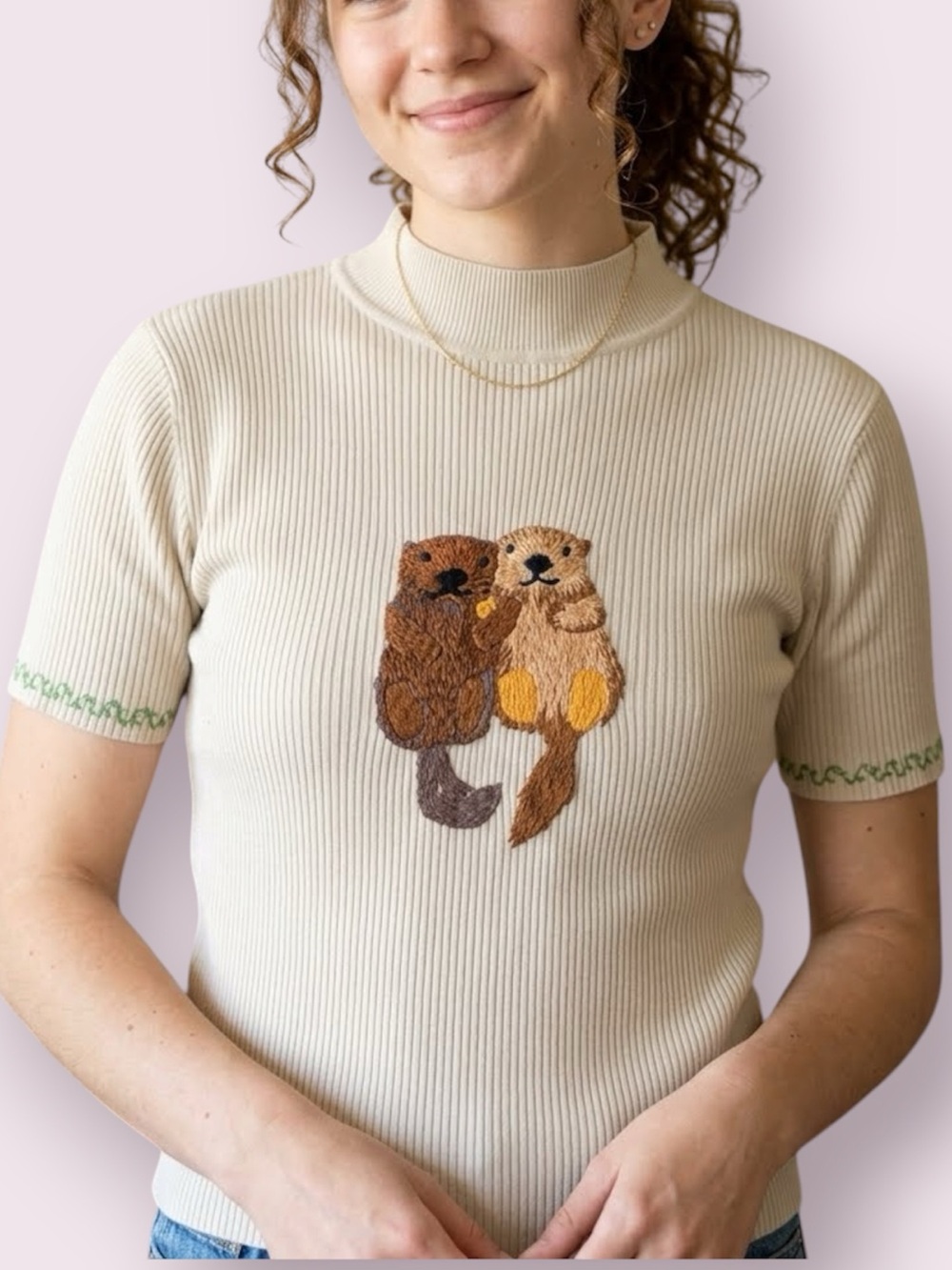Hand Embroidered Custom Holding Hands Otters on Vintage Beige Mock Neck Sweater